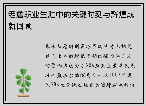 老詹职业生涯中的关键时刻与辉煌成就回顾